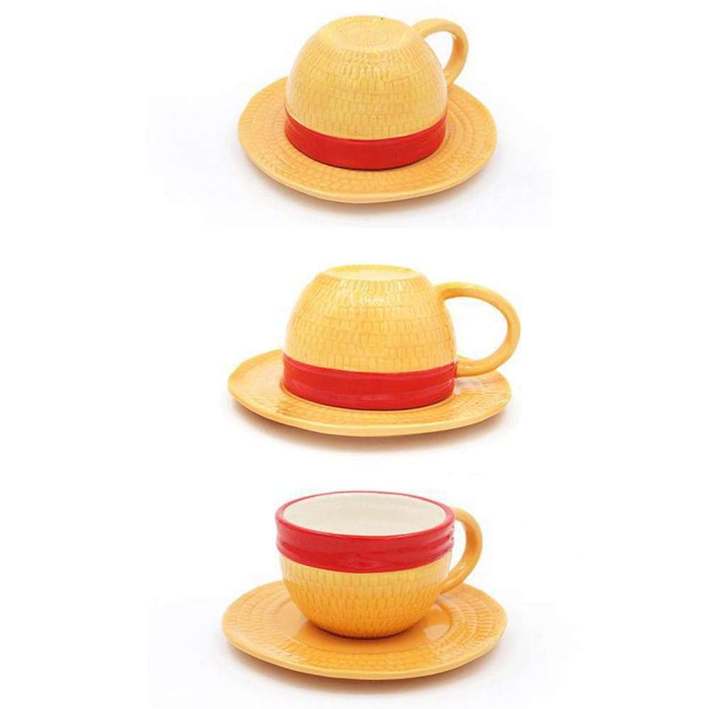 Novelty Creative Anime One Piece Ceramic Coffee Mug Set, Luffy Straw Hat Coffee Mug Cup Tumbler with Plate, Anime Merchandise Gift 5