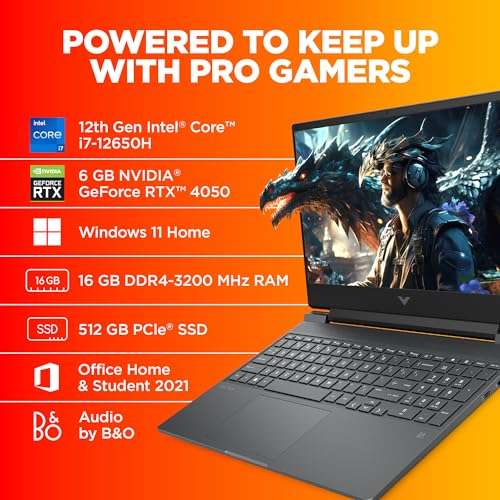 HP Victus Gaming Laptop, 12th Gen Intel Core i7-12650H, 6GB RTX 4050 GPU, 15.6-inch (39.6 cm), 75W TGP, FHD, IPS, 144Hz, 16GB DDR4, 512GB SSD, Backlit KB, B&O (MSO, Silver, 2.37 kg), fa1134TX 3