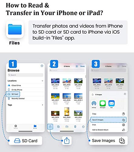 SD Card Reader for iPhone iPad, Apple MFi Certified iPhone SD/Micro SD Card Reader Adapter Cable with Dual Slots for SLR Cameras, Trail Game Camera Viewer, Memory Card Reader for iPhone, Plug and Play 6