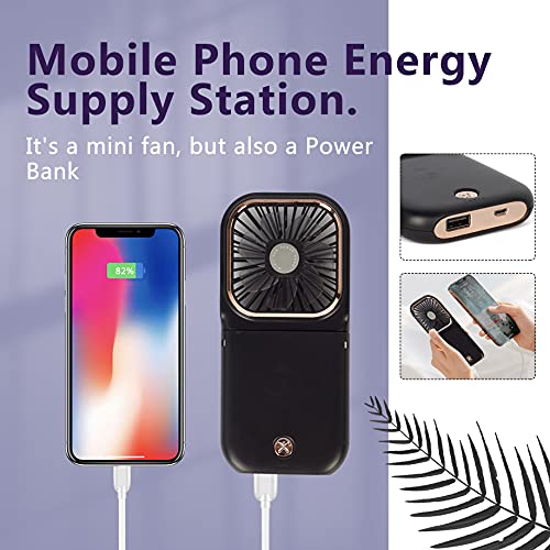 Portable Mini Fan Small Battery Operated Fan 5 in 1 as Power Bank,Phone Holder,Handheld Fan,Desk Fan, USB Rechargeable Personal Hand Fans,3000 mAh Power Bank,3 Speed Adjustable, Neck lanyard, Black 4