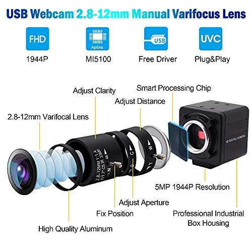 webcamera usb 5MP USB Camera with 2.8-12mm Varifocal Lens, 4X Optical Zoom, FHD 1944p, Manual Focus, UVC Compliant Webcam for PC, Laptop, Tablet 5