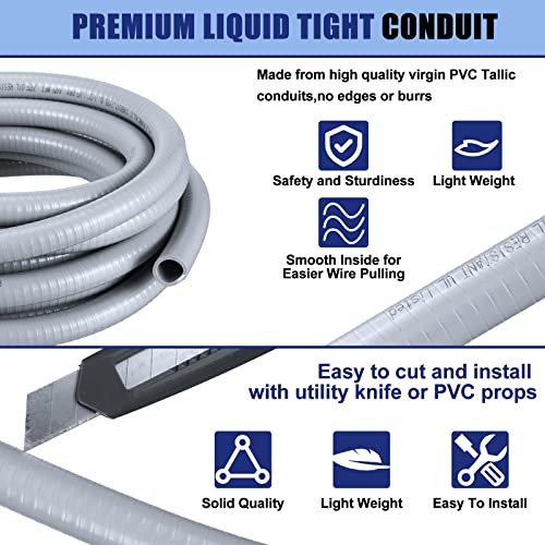 Electrical Conduit and Connector Kit Flexible Liquid Tight Electrical Conduit Non Metallic Electrical Conduit with 5 Straight and 3 Angle Fittings Included (1/2 Inch 50 Ft) 5