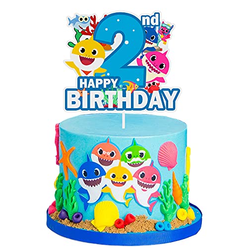 Baby Shark 2nd Birthday Cake Topper, Baby Shark Birthday Cake Topper, Second Birthday Baby Shark Cake Topper for Kids Boy Girl 2nd Birthday Party Cake Decorations 1