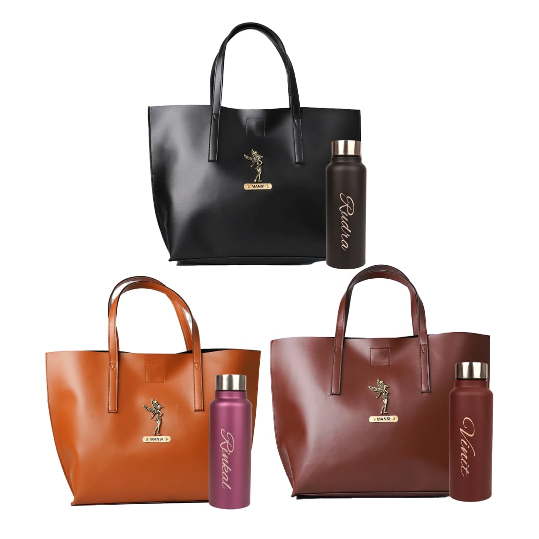 YOUR GIFT STUDIO Personalized Ladies Combo Leather Tote Bag and More | Women's Shoulder Bag | Customized with Name and Charm (Black) 6