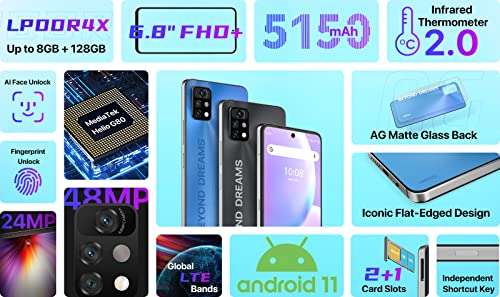 UMIDIGI A11 Pro Max (128GB, 8GB) 6.8" FHD+, G80 Gaming Processor, Dual SIM GSM Unlocked 4G LTE (T-Mobile, AT&T, Global) International Model (Fast Car Charger Bundle, Mist Blue) 4