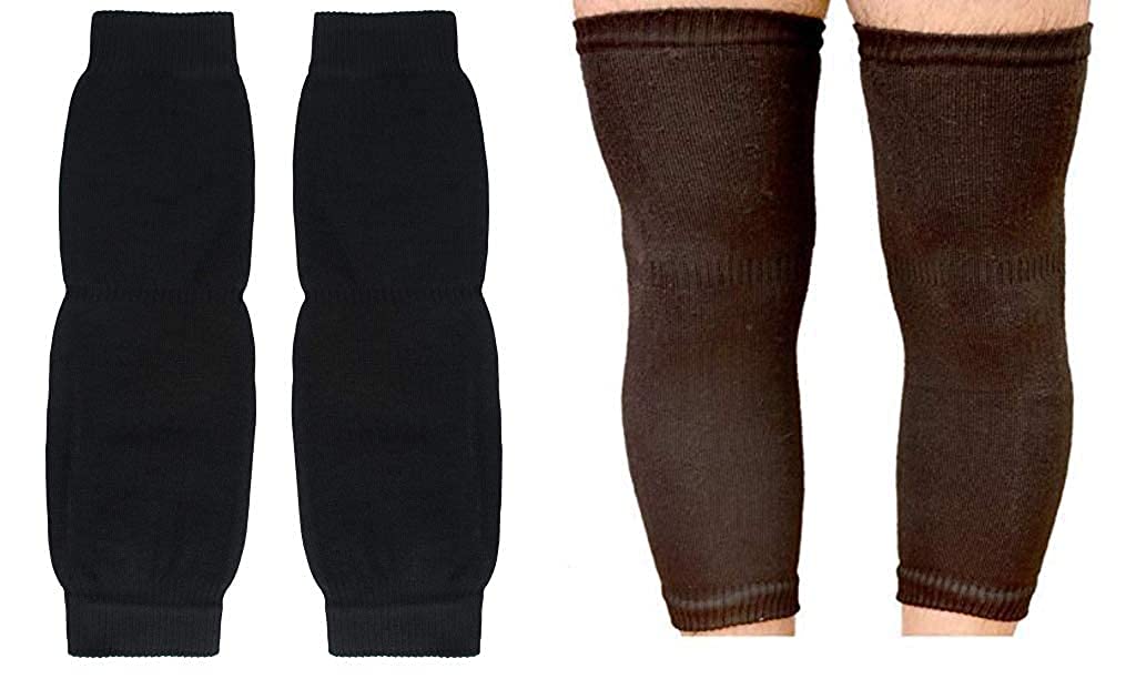 Krystle Unisex Winter Warm Protector Knee Cap Woolen Thermal Warm Elastic Leg Knee Warmer (Black and Brown)-(Pack of 2 Pairs)