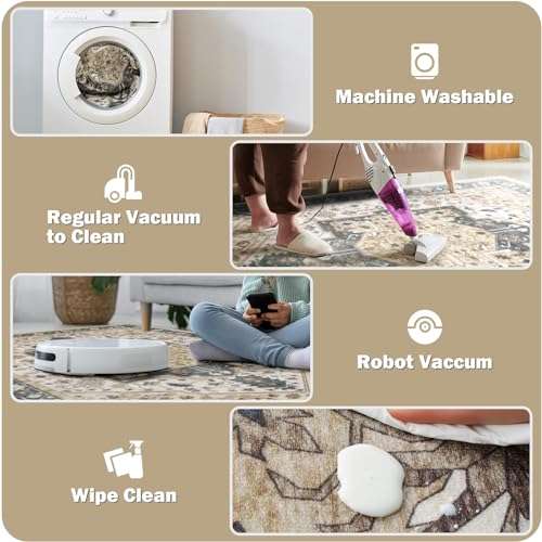 5x7 Area Rugs Large Non Slip Washable Rug for Living Room Soft Low Pile Area Rug Ruggable Boho Vintage Floral Carpet for Bedroom Dining Room Nursery Home Office Playroom Indoor, Gray 4