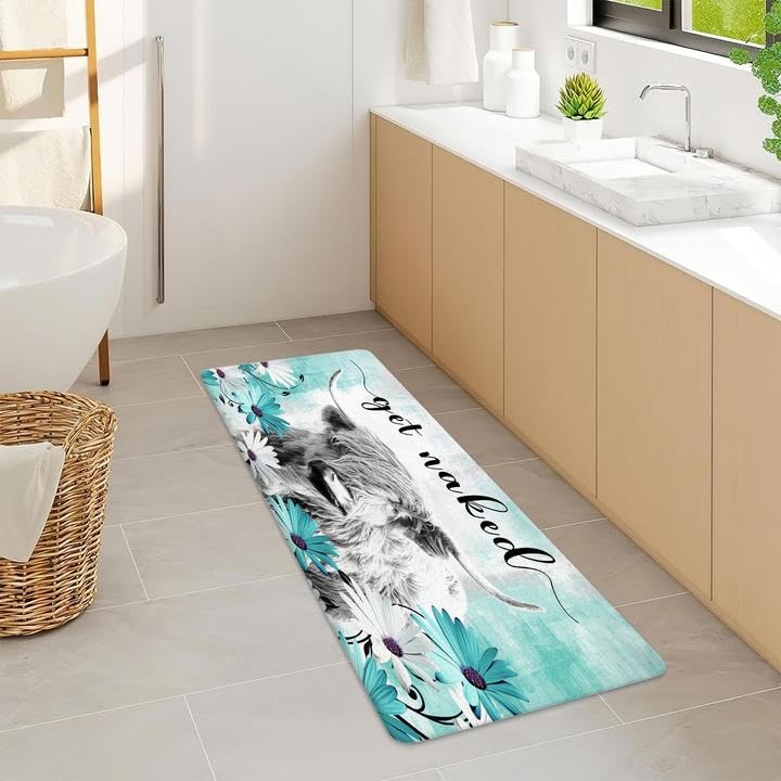 Bcsewcg Get Naked Bath Mat for Bathroom, Farmhouse Highland Cow Non-Slip Bathroom Rug,Teal Floral Western Cow Bath Mat,Bathroom Accessories 6