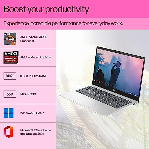 HP 14 Laptop, AMD Ryzen 3 7320U 14 inch(35.6cm) FHD Laptop,8GB LPDDR5, 512GB SSD, AMD Radeon Graphics, Dual Speakers, FHD Camera (Win 11, MSO 21, 1.41Kgs) 14-em0025AU 3