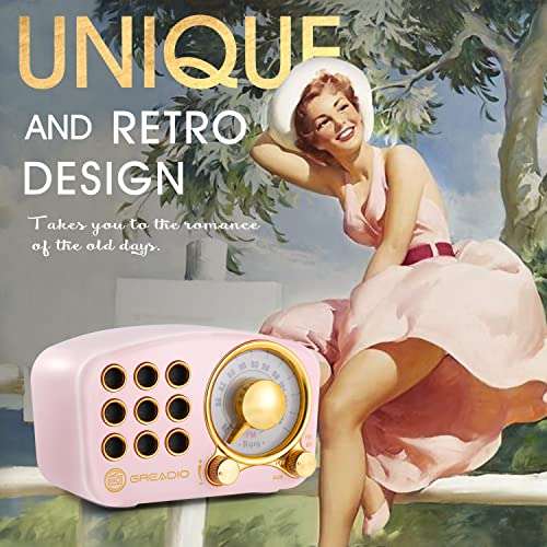 Retro Bluetooth Speaker, Vintage Radio-Greadio FM Radio with Old Fashioned Classic Style, Strong Bass Enhancement, Loud Volume, Bluetooth 5.0 Wireless Connection, TF Card and MP3 Player (Pink) 3