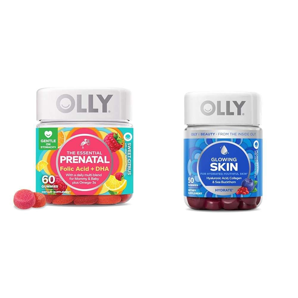OLLY The Essential Prenatal Gummy Multivitamin, 30 Day Supply (Gummies), Sweet & Glowing Skin Gummy, 25 Day Supply (50 Count), Plump Berry, Hyaluronic Acid, Collagen 1