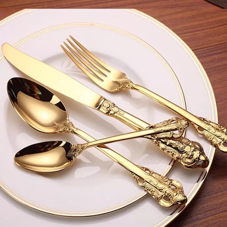 CherryBox Royal Cutlery Set of 4 Pieces Dinner Spoon, Tea Spoon, Dinner Fork and Dinner Knife with Gift Box (Gold) 4