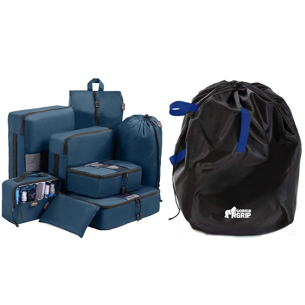 Gorilla Grip Packing Cubes and Car Seat Travel Bag, Cubes 8 Pack Navy, Travel Essentials for Suitcases, Bag Size 34x 18 In Blue, Tear Resistant, 2 Item Bundle 1