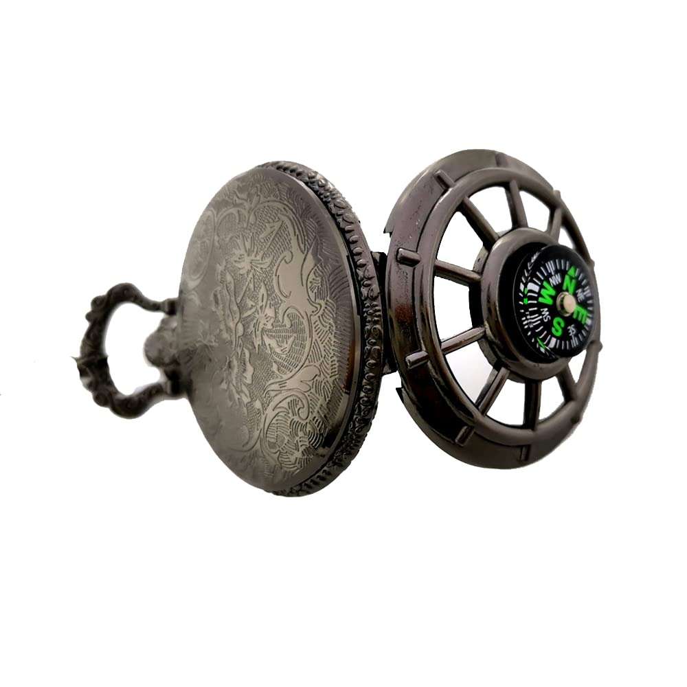 uonz Multifunctional Zinc Alloy Steampunk Compass Quartz Pocket Watch Fob for Unisex (Black) 3