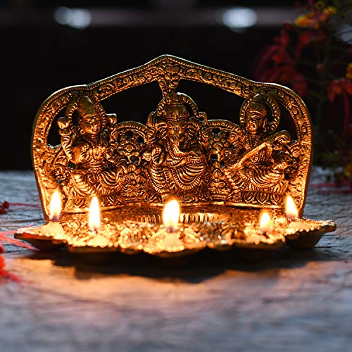 Collectible India Laxmi Ganesh Saraswati Idol Diya Oil Lamp Deepak - Metal Lakshmi Ganesha Showpiece Statue - Traditional Diya for Diwali Puja - Diwali Home Decoration Items Gifts (1) (1) 6