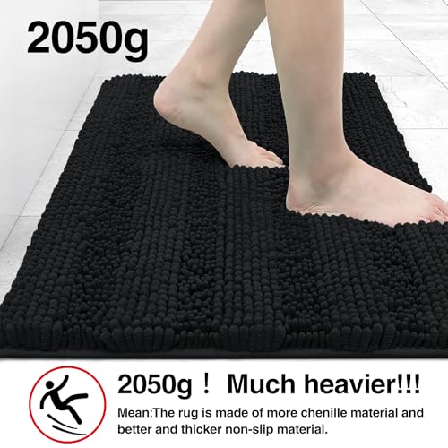 DAWNDIOR Chenille Bathroom Rugs Bath Mats for Bathroom Non Slip Absorbent Washable Quick Dry Thick Microfiber Luxury Black Bath Rugs for Tub Floor Rubber Backing (26’’x44’’) 2