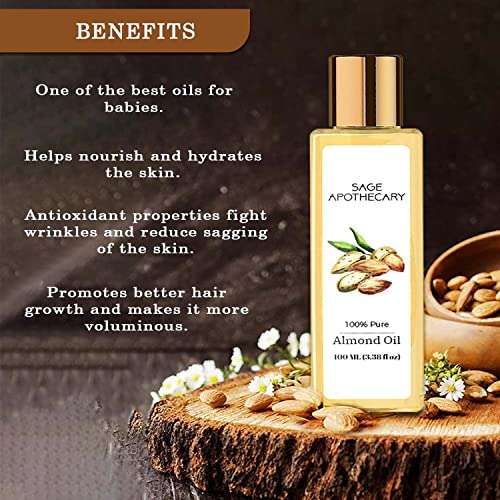 Sage Apothecary Pure Cold Pressed Sweet Almond Oil for Hair and Skin, Vitamin E Nourishment | Non-Sticky Hair Oil For Hair Fall Control100ml 2