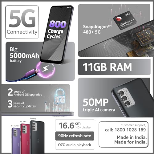 Nokia G42 5G | Snapdragon® 480+ 5G | 50MP Triple AI Camera | 11GB RAM (6GB RAM + 5GB Virtual RAM) | 128GB Storage | 5000mAh Battery | 2 Years Android Upgrades | 20W Charger Included | So Purple 2