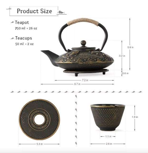 Lucario Cast Iron Teapot, Japanese Cast Iron Teapot with Stainless Steel Infuser, Durable Cast Iron with Fully Enamelled Interior, Beautiful Hammered Design(26oz,750ml) (LK-03) 3