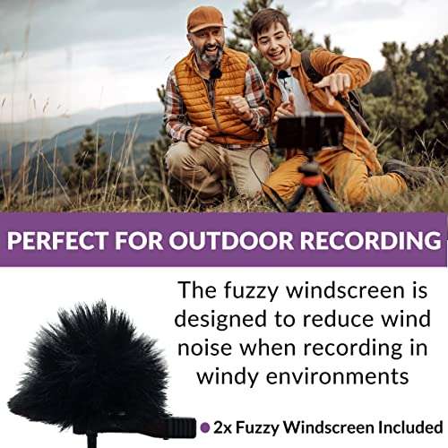 Purple Panda Dual Interview Lavalier Lapel Microphone Kit (2 Pack) for Podcast - Professional Omnidirectional Clip On Lav Mic - Compatible with iPhone, Android, DSLR Camera, Samsung, Zoom, Tascam 4