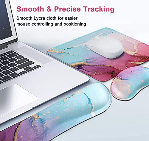 iLeadon Keyboard Wrist Rest + Mouse Pad + Mouse Wrist Rest Support Set,Memory Foam, 3Pcs Ergonomic Mouse Keyboard Pad Set for Easy Typing & Pain Relief, Office, Prevent Carpal Tunnel,Blue Pink Marble 2
