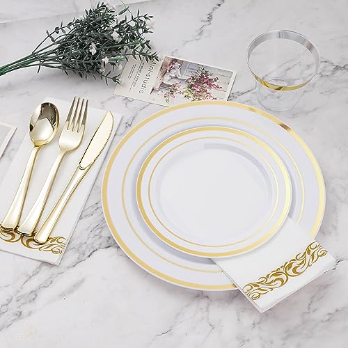 BESTVIP 175 PCS Gold Dinnerware Set for 25 Guests, Plastic Dinnerware Set for Party, Wedding, Christmas, Halloween, Include: 50 Plastic Plates, 25 Gold Silverware, 25 Cups, 25 Paper Napkins 2