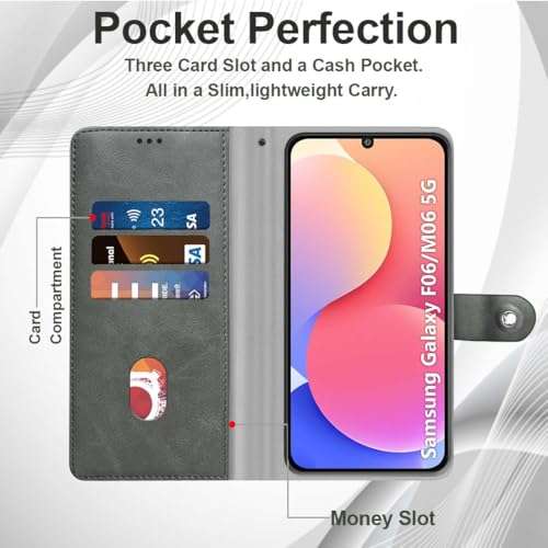 Fashionury Flip Back Case for Samsung Galaxy M06 5G / Samsung Galaxy F06 5G | Genuine Leather Finish | Designer Button | Inbuilt Pockets & Stand | Flip Back Cover for Samsung F06 / M06 (Rhino Gray) 6