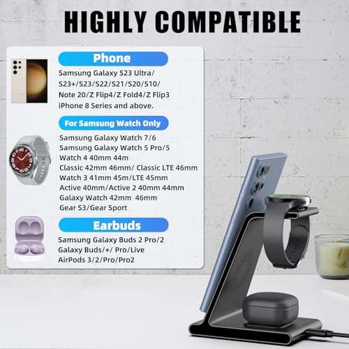 Wireless Charger for Samsung Charging Station, 3 in 1 Wireless Charger for Samsung Galaxy S24 Ultra/S23 Ultra/Z Flip 5/Fold 5/Buds, Watch Charger for Galaxy Watch 7/6/5 Pro/4/3 2