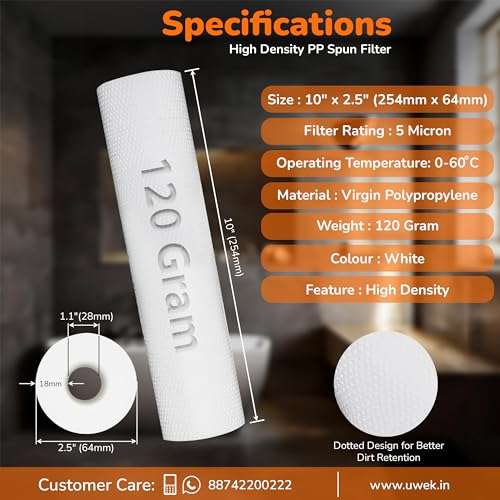 UWEK Gold 10 Inch High Density Spun Pre Filter 5 Micron PP Spun Cartridge 120 gm Sediment Filter Candle Compatible with RO Pre-Filter Housing of Water Purifier (Pack of 2 Spun + Spanner) 4