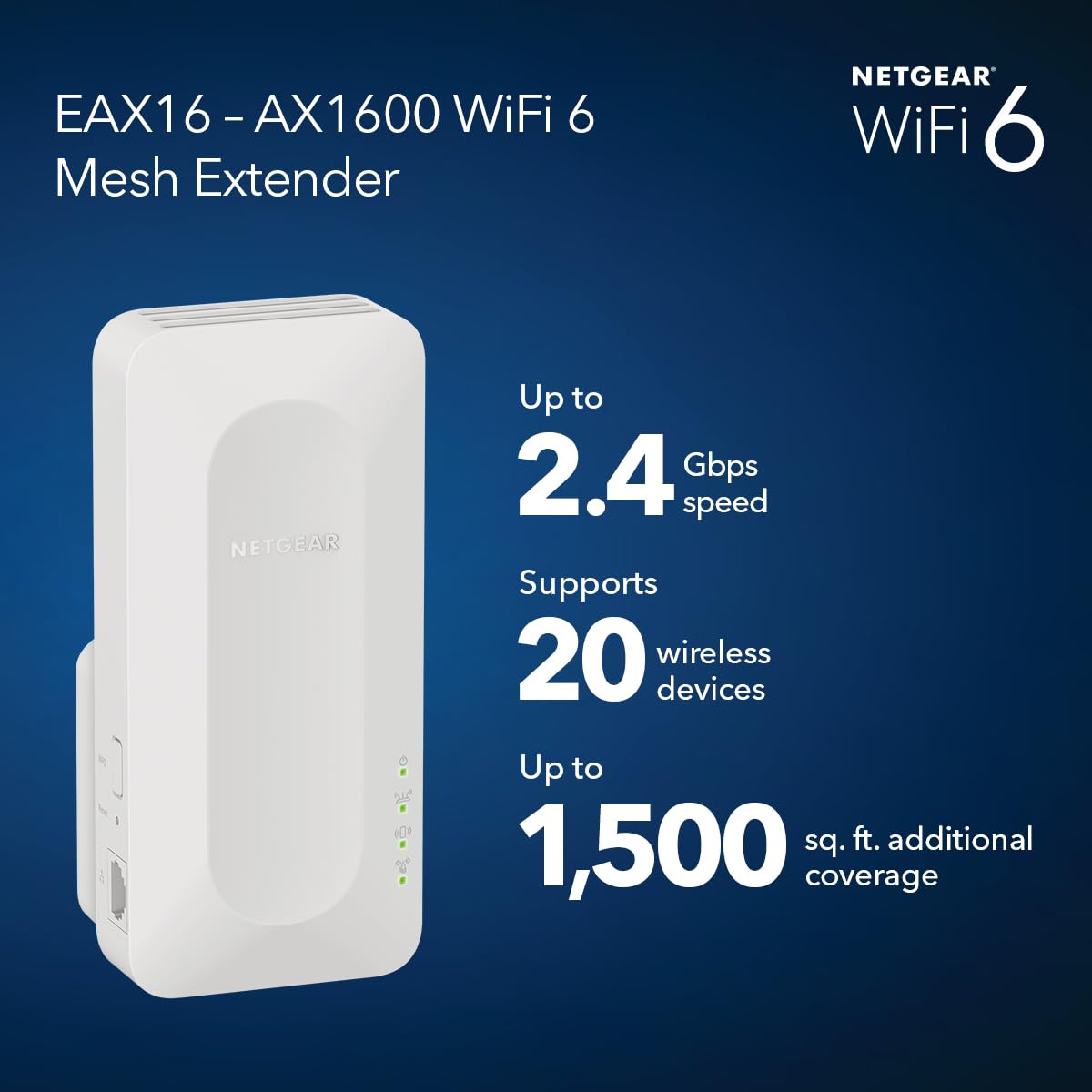 NETGEAR WiFi 6 Mesh Range Extender (EAX16) - Add up to 1,500 sq. ft. and up to 20 Devices with AX2400 Dual-Band Wireless Signal Booster & Repeater (up to 2.4 Gbps Speed), WPA3 Security, Smart Roaming 3