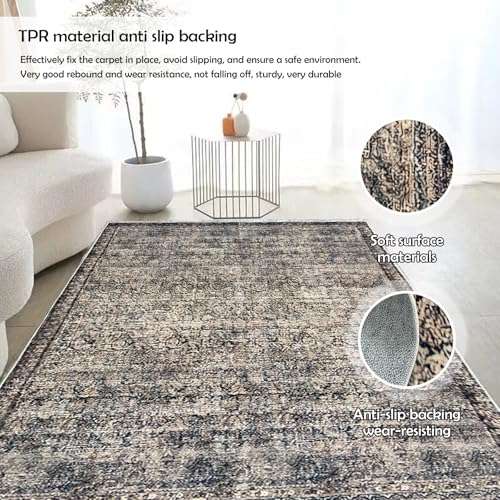 Throw Rugs with Rubber Backing Machine Washable Thin Area Rug 4x6 for Bedroom Living Room Indoor Distressed Waterproof Non-Slip Grey White Floral Print Carpet (C01, 4'x6') 2