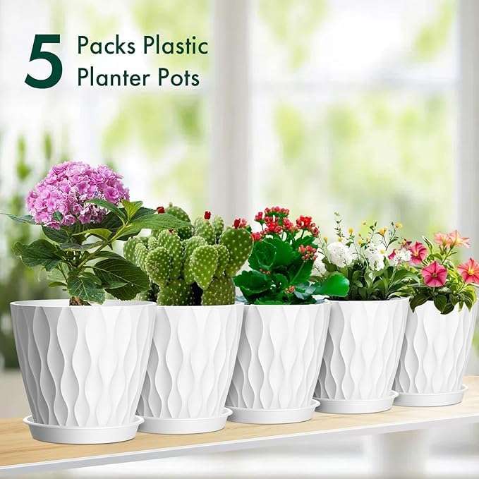 StyleX Store Plastic 6.2 inch Plant Pots with Drainage Holes and Tray Saucers | Flower Pots for Home Planters, Terrace, Balcony Dcor, Home Indoor and Outdoor Gardening Plants, Pack of 5 (White) 3