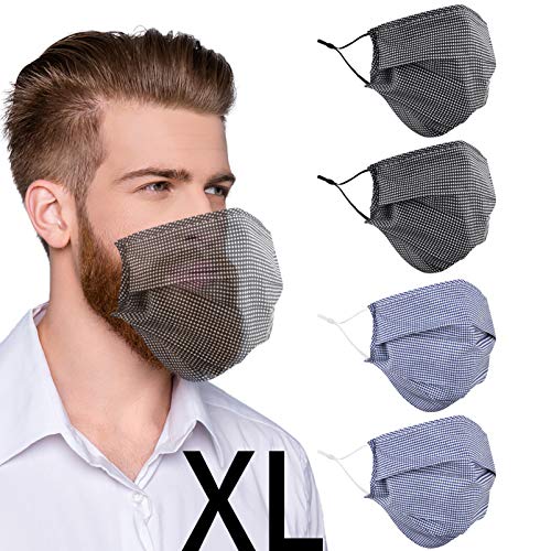 Beard Face Mask for Bearded Men, Extra Large XL Facemask with Nose Wire Washable Reusable Breathable Adjustable Ear Loops Fashion Fashionable Designer Adult Black Navy Plaid Cotton Cloth Fabric Madks 1