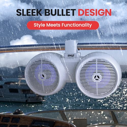 Pyle Dual Waterproof Off-Road Speakers - 8" 300W 2-Way Marine Wakeboard Tower Sound System w/LED Light, Full Range Outdoor Stereo Speaker for Car, ATV, UTV, Jeep, Boat, Includes Brackets (White) 2