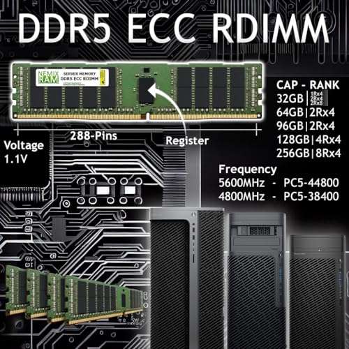 NEMIX RAM 256GB (8X32GB) DDR5 4800MHZ PC5-38400 1Rx4 1.1V CL40 288-PIN ECC RDIMM Registered Server Memory KIT Compatible with ASUS Pro WS WRX90E SAGE SE Workstation Motherboard 2