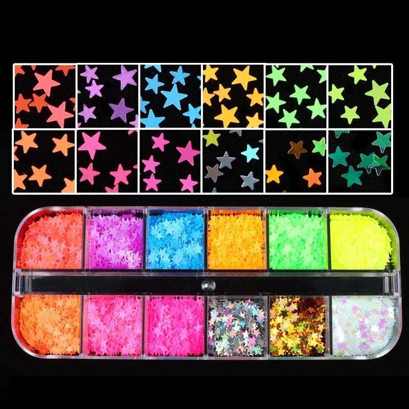 S.A.V.I 12 Grids Multicolor Star Fluorescent Sequins Nail Art Design DIY For Manicure 1