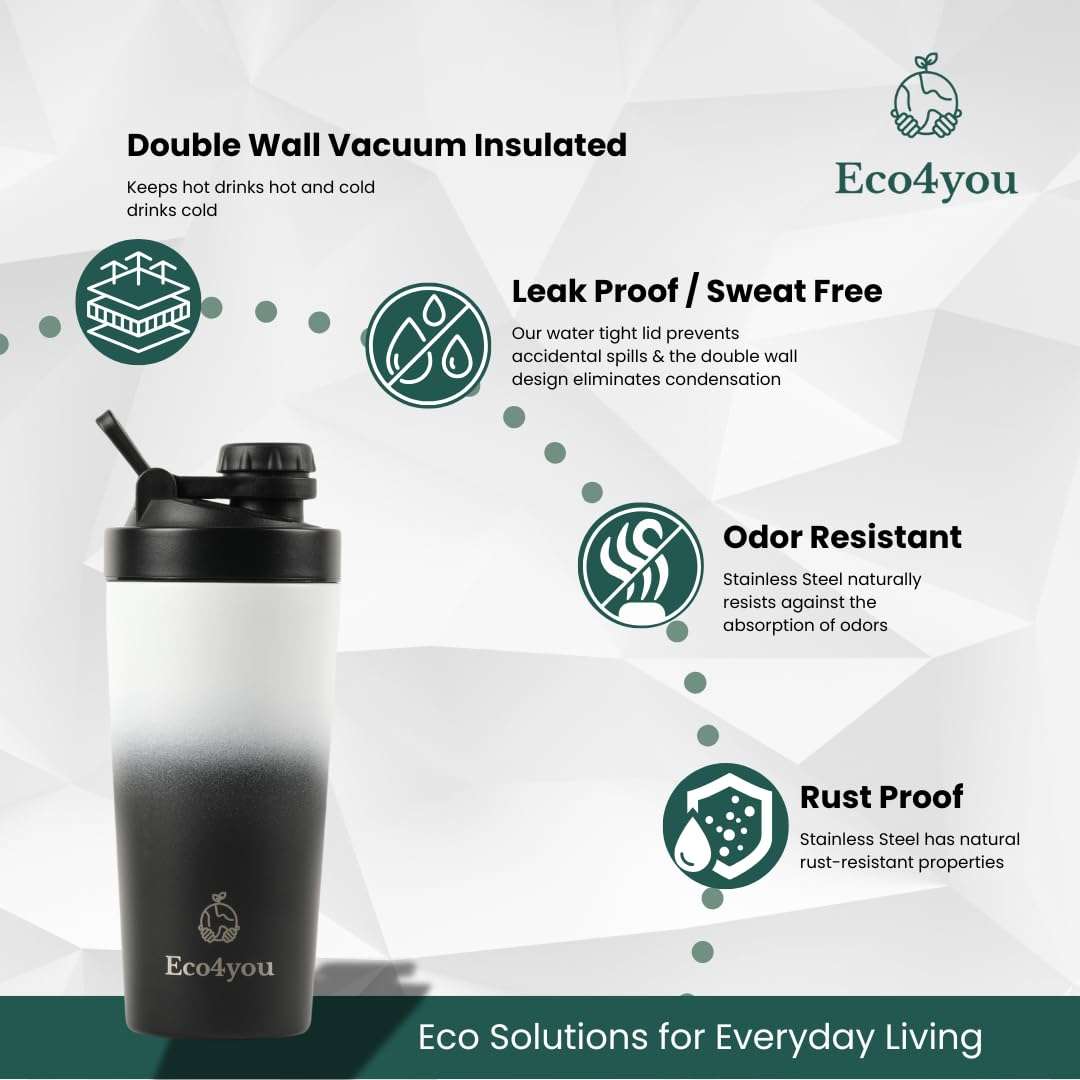 Eco4you Stainless Steel 2-in-1 Shaker/Infuser Bottle – Leak-Proof, Insulated 24-Hour Cold &12-Hour Hot Drinks, BPA-Free, 23oz | Odor Free, Noise Free Design Cup Holder Compatible - Black/White. 5