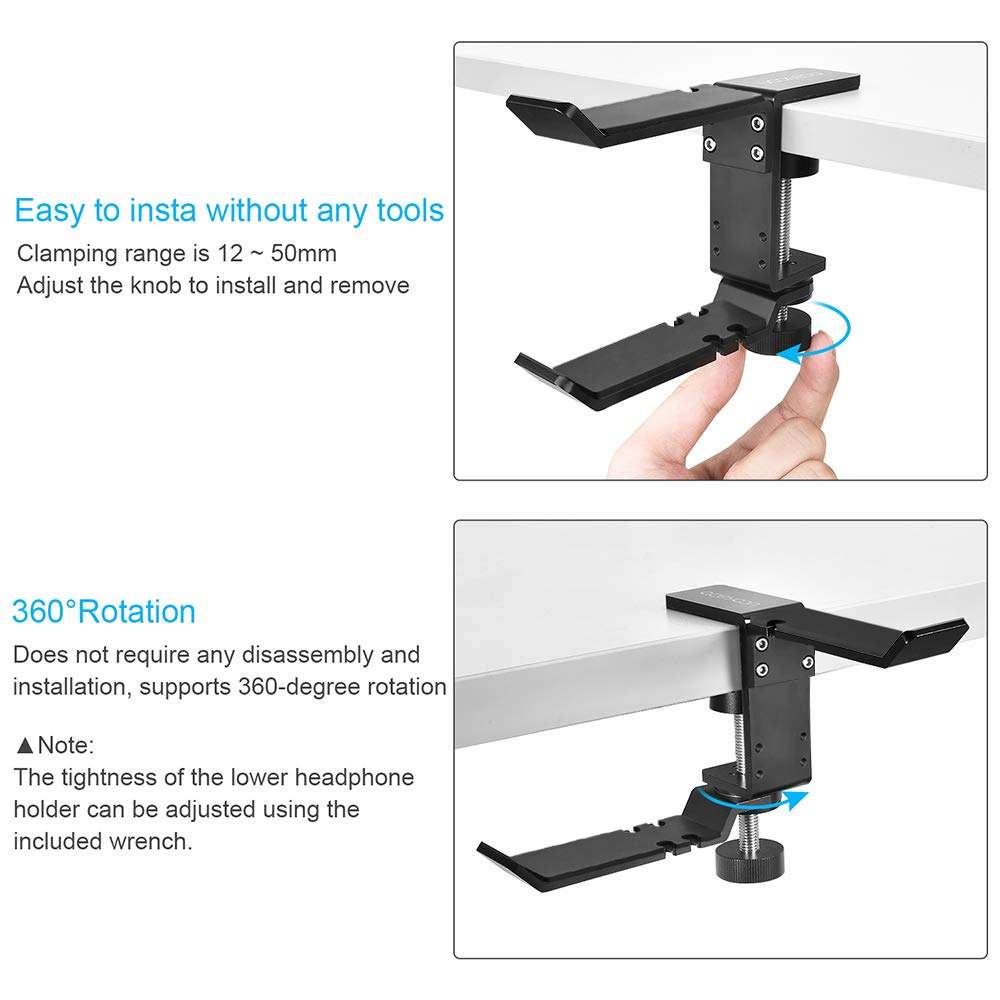 aceyoon Dual Headphone Hanger Holder Clamp Hook,360 Degree Rotating Headset Stand with Cable Organizer Under Desk,Aluminum Black Universal for Hanging Bag PC Gaming Accessories 3
