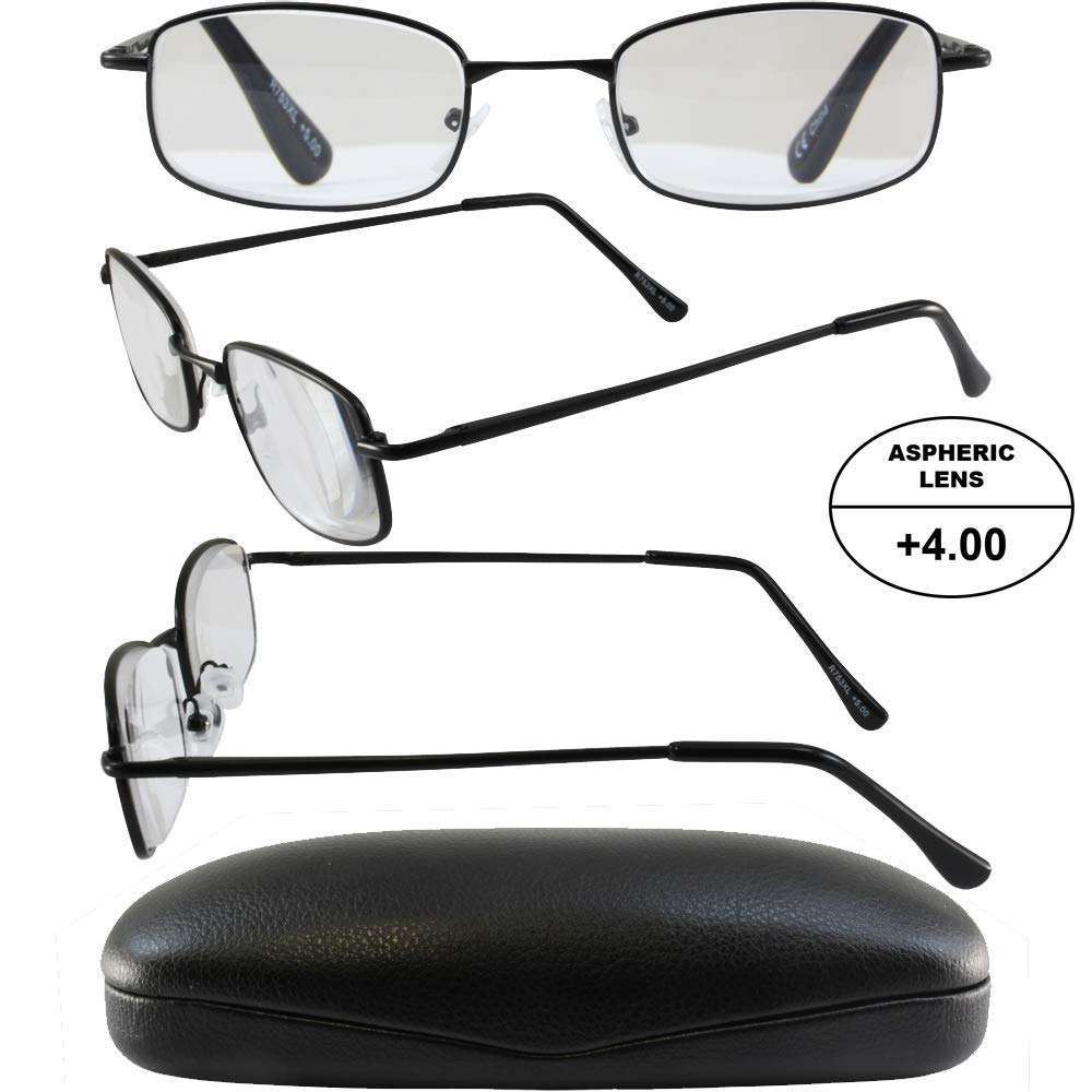 Men's High-Powered Reading Glasses: Matte Black Frame and Black Case +4.00 Magnification Clear Aspheric Lenses 5