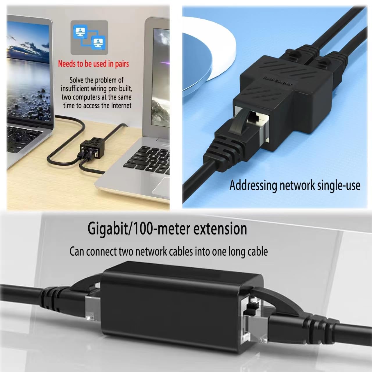 RJ45 Coupler Splitter 1 to 2 Port T Adapter Ethernet Coupler Adapter Network Connector for Cat7/Cat6/Cat5e/Cat5 Ethernet Cable Sharing Kit (6PCS) 4