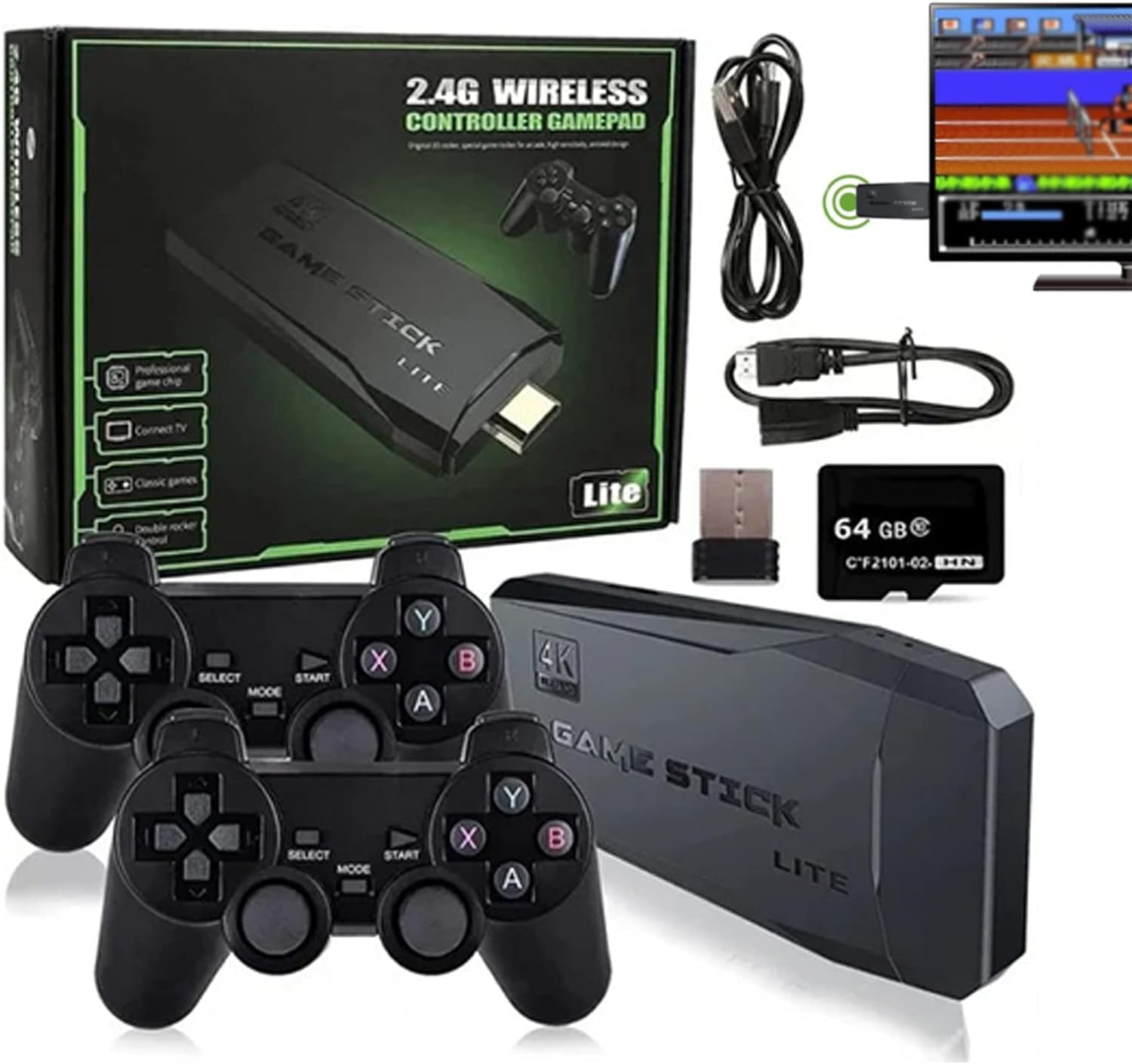 TV Video Game Console 4K Ultra HD Stick with Dual 2.4G Controllers Built-in 10,000 Classic Games 8 Bit Mini Retro GB, GBA, GBC, MD, SFC, FC Controller HDMI Output Dual Player- ( 64G (10000+ Games))