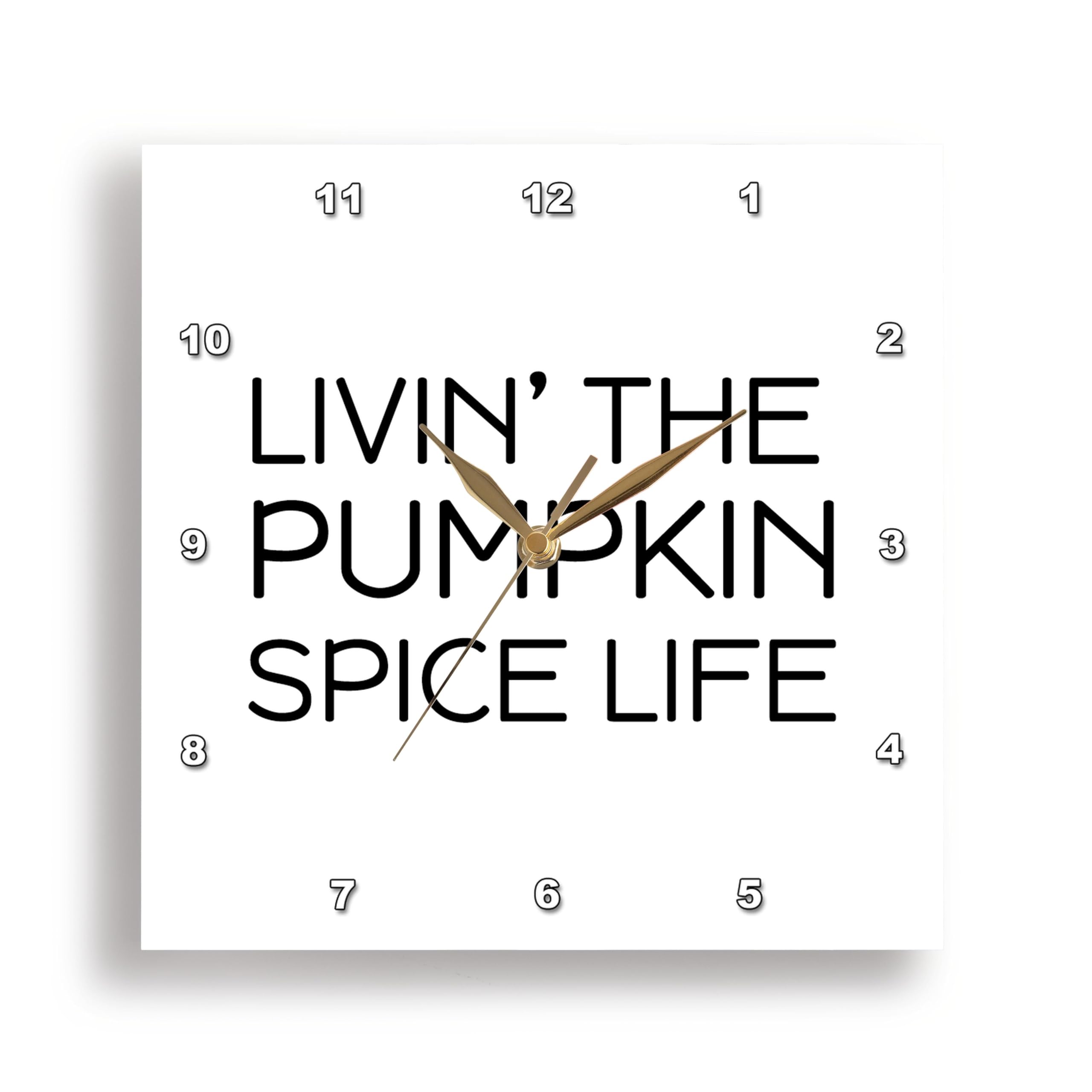3dRose Wall Clock Silent - 13 inch - Livin The Pumpkin Spice Life. Black Lettering on White Background. - Stamp City - Typography 2