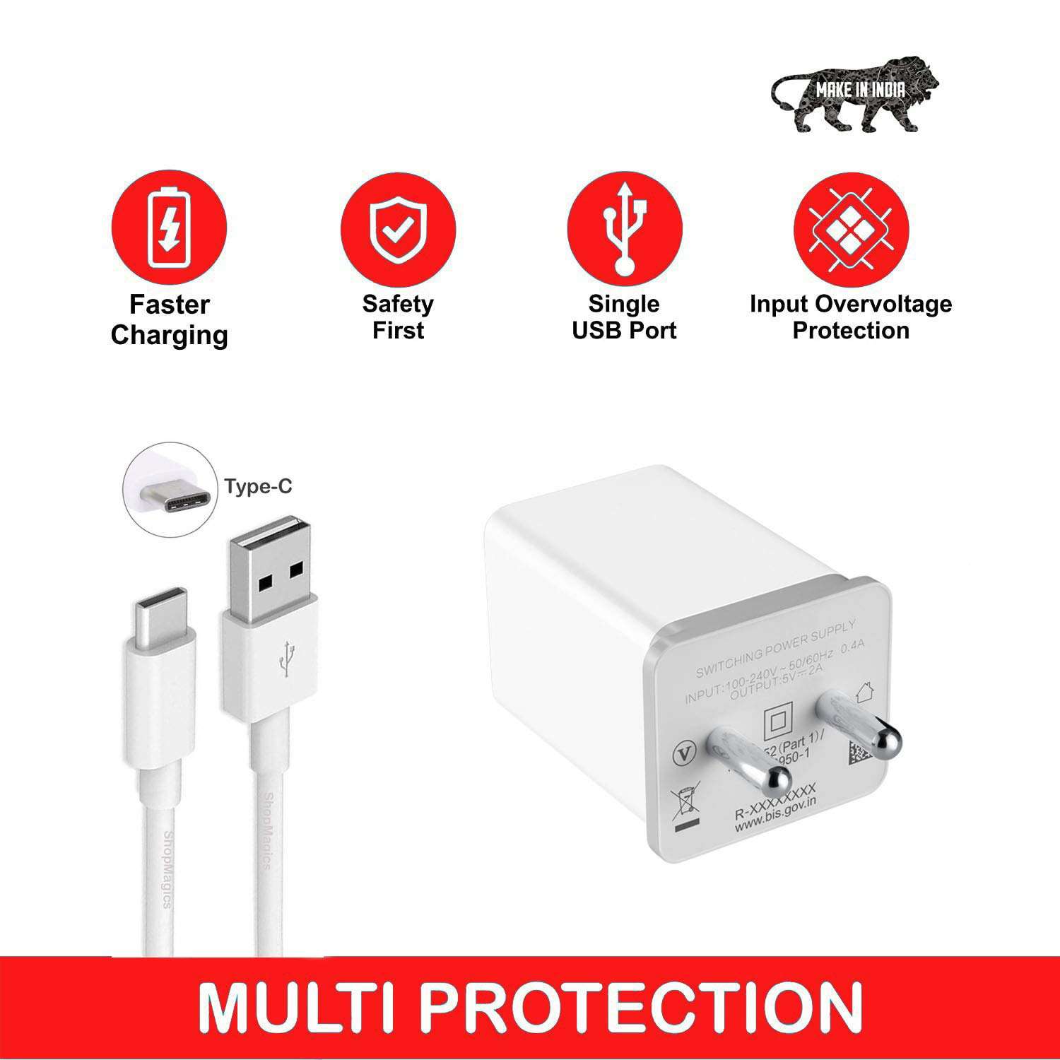 5W to 15W Charger for OPPO A52 / A 52 Charger Original Adapter Like Wall Charger | Mobile Charger | Fast Charger | Android USB Charger With 1 Meter USB Type C Charging Data Cable (2.4 Amp, TOC8, White) 5