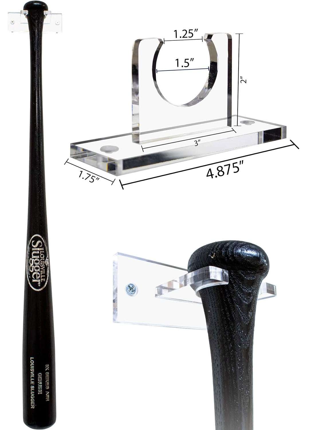 Better Display Cases Baseball Bat Display Vertical Wall Mount Clear Acrylic Standard Size Bracket (A052) 2