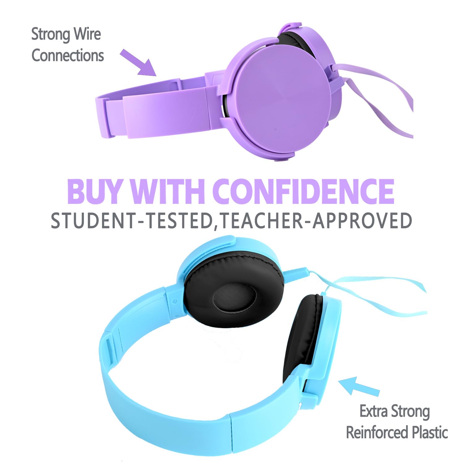Kids Headphones 2 Pack for School Classroom, Wired Durable Earphones Class Set for Students Children Toddler Teens Boys Girls and Adult (HY450, Light Blue+Purple) 3