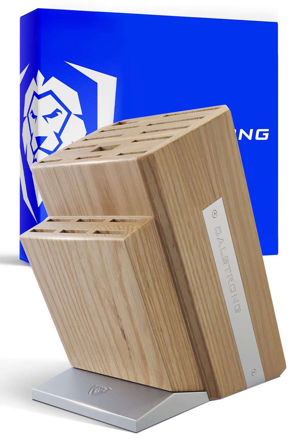 DALSTRONG Universal Knife Block - 18 Slots - Premium American Ash Wood - Aluminum Alloy Rim Kitchen Set - Lion Head Logo Badge - Premium Craftsmanship Knife Set - Angled For Ergonomics - Cleans Easily 1