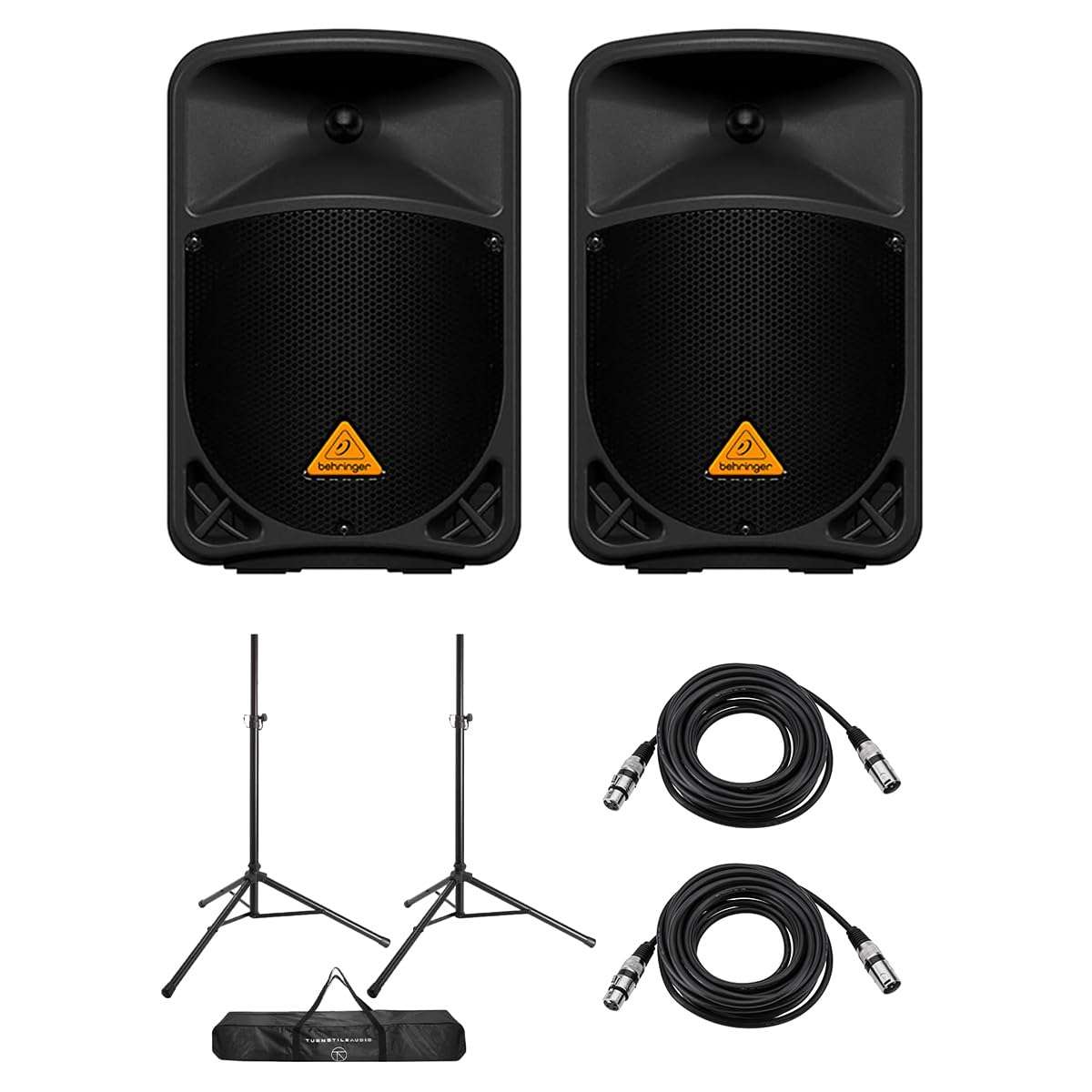 Behringer Eurolive B108D 8" 300W 2-Way Active PA Powered Speaker, Pair, Bundle with Speaker Stands and XLR Cables 1