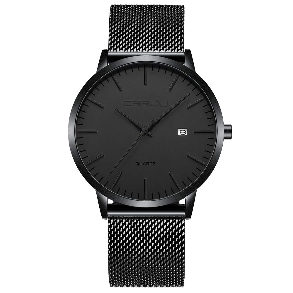 CRRJU Men's Luxury Fashion Watches Slim Casual Waterproof Date Quartz Mesh Belt Watch for Men,7MM Black/Grey 1