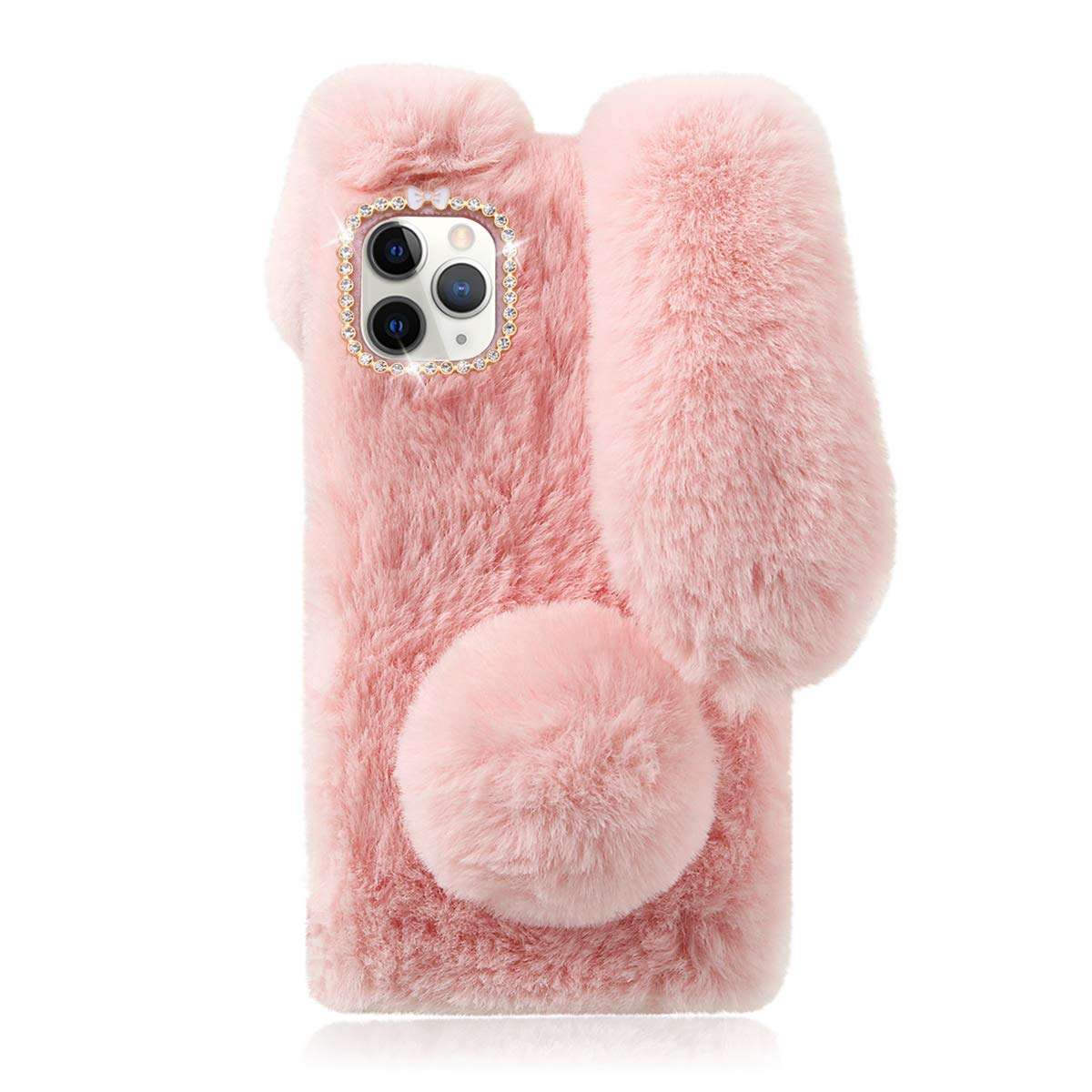 Fluffy Bunny Plush Phone Cover Pink for 11 Pro, Cute Warm Furry Fur Stuff Animal Rabbit Phone Case for Girls, Fashion Woman Protective Cover for 11 Pro 1