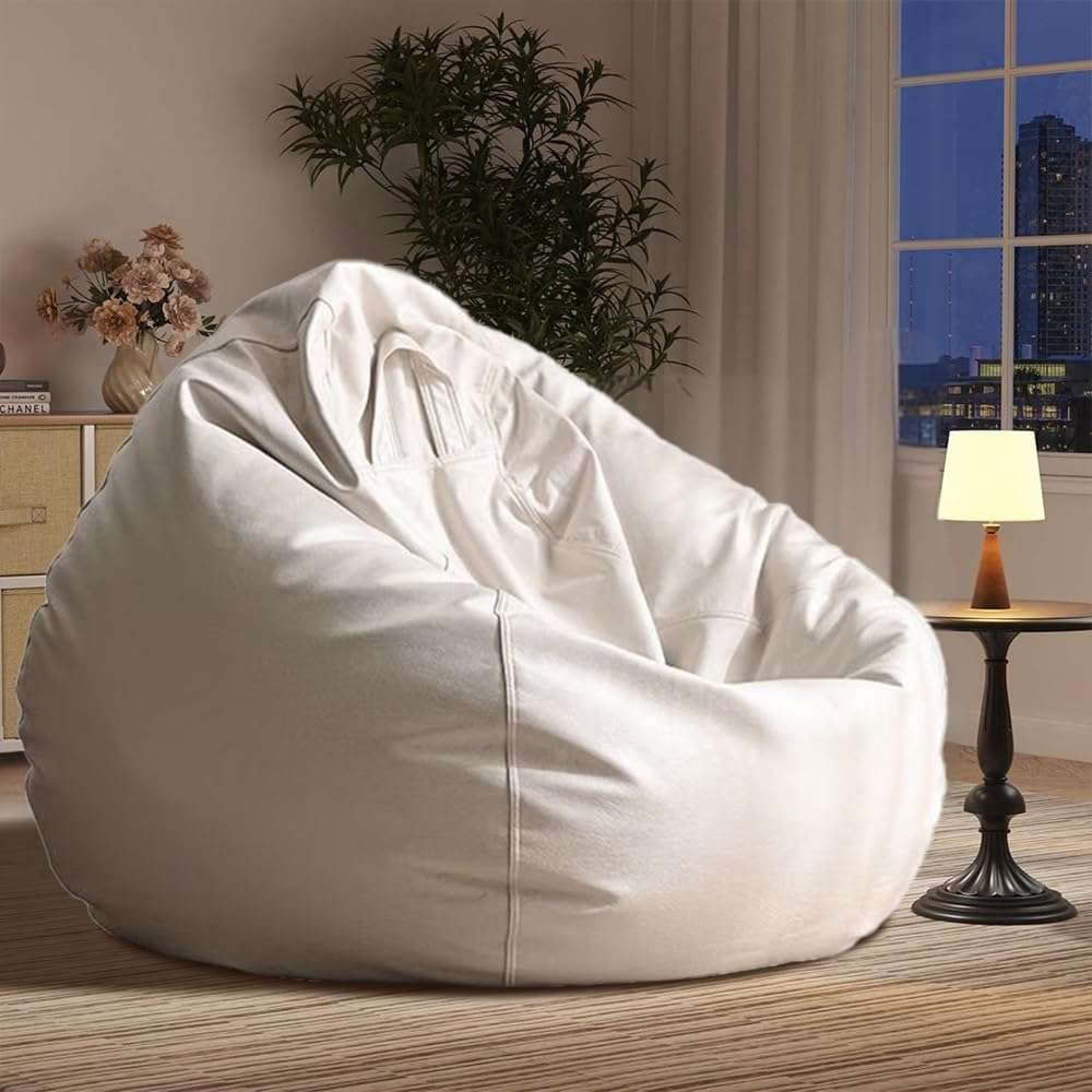 Bean Bag Chair Bean Bag Cover Without Filler Luxury Single Lazy Sofa Cover Faux Leather Bean Bag Sac Pouf Chair Envelope Beanbag Corner Seat Sectional Couch(White) 1